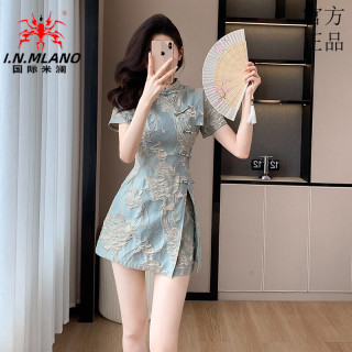 国际米澜 新中式高端国风旗袍晚礼服女名媛时尚气质提花短袖连衣裙两件套装 浅绿色原版 M