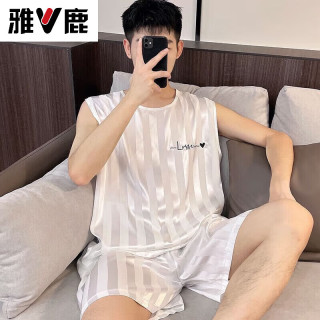 雅鹿 凉感冰丝睡衣男士背心无袖短裤超柔软夏季宽松版青年可外穿家居服 3501白冰丝款 3XL 建议155-175斤
