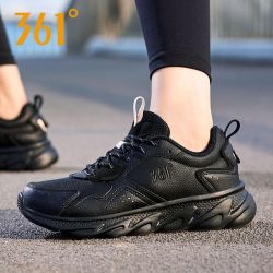 361° 女鞋运动鞋春秋季革面防泼水轻便耐磨舒适百搭休闲鞋跑步鞋 曜石黑/柔粉色 37