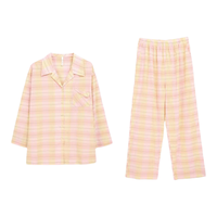 安之伴 100%纯棉色织格长袖睡衣家居服套装 A珍珠粉 M码