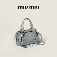 MIU MIU 缪缪女士侧边蝴蝶结亮面牛皮革中号单肩手提包 雾霾蓝