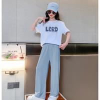 唐狮童装 女童套装儿童T恤套装运动时尚洋气春夏中大童短袖阔脚长裤套装女