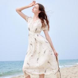 百图 夏款废土风显瘦V领泡泡袖中长款连衣裙女