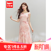 爱依服 连衣裙2026夏季新款法式甜美纯欲度假风设计感吊带中裙 粉 M
