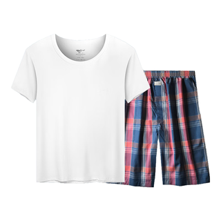 七匹狼 纯棉短袖中裤家居服套装 白色+深蓝 XL