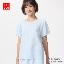 优衣库 童装女童泡泡袖T恤/短袖485778 60 浅蓝色 150