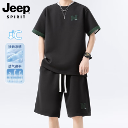 JEEP SPIRIT 吉普圆领拼色男士套装  黑色上衣+黑色短裤 2XL
