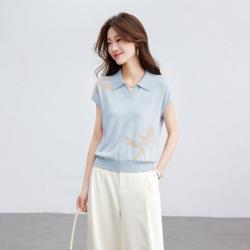 SRCR 含桑蚕丝薄款提花针织T恤女2026夏季设计感别致翻领短袖上衣