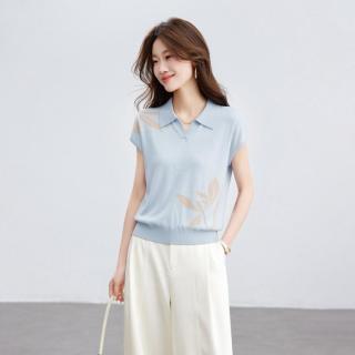 SRCR 含桑蚕丝薄款提花针织T恤女2026夏季设计感别致翻领短袖上衣
