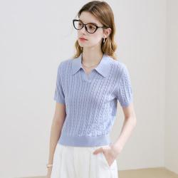 兔皇 纯色简约短款绞花百搭休闲26夏季海鸥领女针织衫