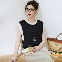 兔皇 含桑蚕丝简约百搭撞色圆领26夏季无袖显瘦女式针织衫