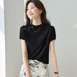 SRCR 高级感减龄针织T恤衫女短款真丝短袖上衣