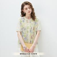 科蒙博卡 科蒙 夏季心动狙击桑蚕丝出游印花短袖开衫圆领女T恤甜美上衣针织外套