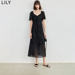 LILY 2024夏女装气质光泽感复古温柔方领垂坠感连衣裙小黑裙女 510黑 S