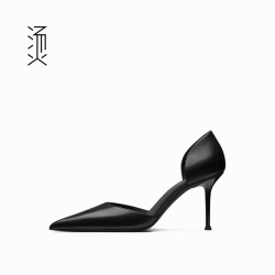烫 社交女鞋黑色牛皮尖头浅口中空细高跟单鞋欧美时尚通勤高级女鞋