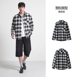 森马 长袖衬衫男秋季纯棉格纹简洁贴袋衬衣休闲舒适宽松翻领上衣