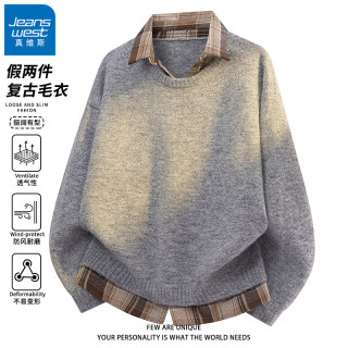 真维斯 假两件毛衣男士格子衬衫领针织衫秋冬季复古美式潮流毛线衣