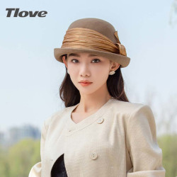 TLOVE 9455秋冬新款羊毛毡帽子女士优雅洋气真丝麻腰带卷边礼帽时尚冬帽
