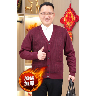 男士保暖毛衣爸爸装开衫爷爷加绒加厚中老年人V领秋冬季针织线衣