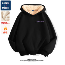 GENIOLAMODE 黑色加绒卫衣男连帽秋冬厚款品牌LOGO羊羔绒加厚外套