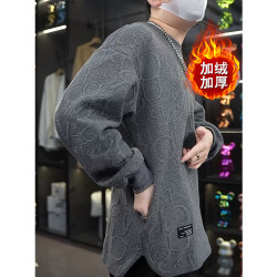 爆款春秋立体浮雕印花隐藏插兜男生卫衣套头圆领宽松压花秋季百搭