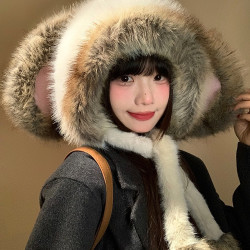 可爱兔子耳朵毛绒帽女秋冬季韩系显脸小保暖加厚防寒护耳雷锋帽子