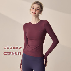 瑜伽服上衣女秋冬圆领紧身运动长袖跑步训练显瘦健身服打底衫秋冬
