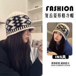 复古菱形格子毛线帽子女秋冬季显脸小套头针织帽保暖防寒包头冷帽