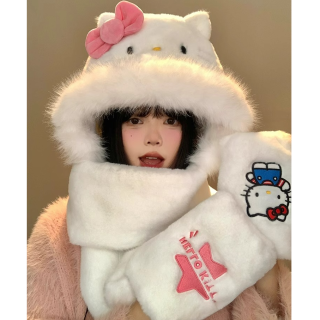 Hellokitty凯蒂猫毛绒帽子围巾一体女冬季可爱防寒保暖手套三件套