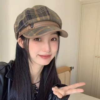 英伦复古风蝴蝶标八角帽子女2024秋冬新款时尚休闲百搭贝雷帽格子