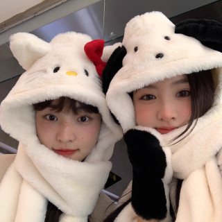 Hellokitty闺蜜可爱连帽围脖保暖卡通毛绒手套帽子围巾冬天女冬季