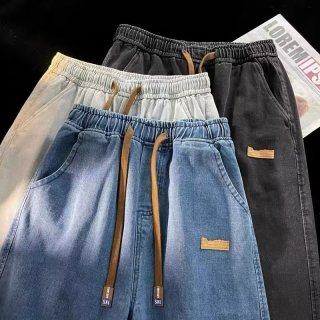 浅色松紧腰牛仔裤男春秋薄款宽松阔腿直筒裤潮牌复古高街休闲裤子