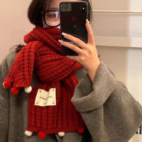 圣诞节围巾赵露思同款针织女新款冬季百搭保暖加厚纯色围脖红色
