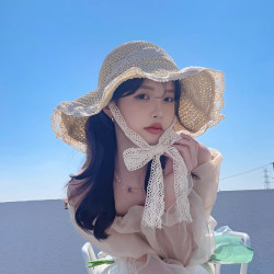 草帽新款韩版夏季帽子草编帽女款洋气遮阳防晒沙滩太阳帽蕾丝边帽