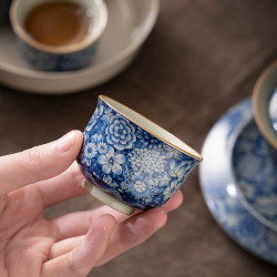 青花老陶泥万花直边杯汝窑开片可养陶瓷品茗杯功夫茶具家用主人杯