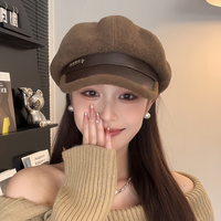 秋冬季毛绒百搭加厚报童帽子女时尚百搭潮流保暖大头围八角贝雷帽