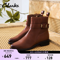 Clarks Renewal系列新品女士秋冬复古英伦搭扣骑士牛皮短筒靴 棕褐色 261787554 35.5