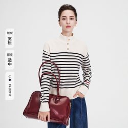 navigare 小帆船白色宽松纯羊毛针织衫女高领条纹毛衣
