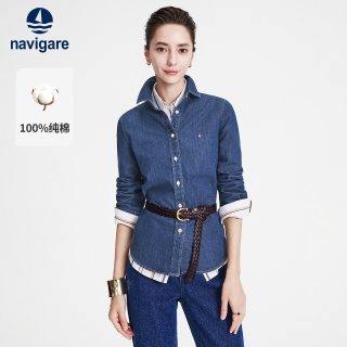 navigare 小帆船蓝色纯棉长袖衬衫女士衬衣牛仔服外套
