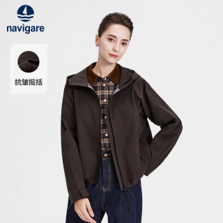 navigare 小帆船棕色连帽短外套女士2026秋季宽松户外休闲夹克上衣