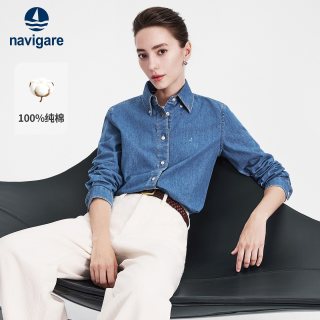 navigare 小帆船休闲长袖牛仔衬衫女士纯棉衬衣