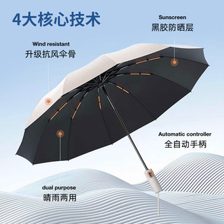 珺北 全自动黑胶雨伞 UPF50+防晒 梧桐米 12骨自动款