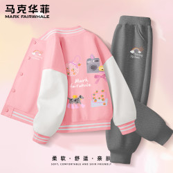 马克华菲 童装秋季套装2026新款可爱 线条彩虹云X_M相机_背粉色+线条彩虹云K深花灰 110