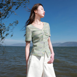 三彩 大码女装2025春款晕染V领短袖T恤小衫套头华夫格显瘦胖MM 薄荷绿条纹 S 155/84B