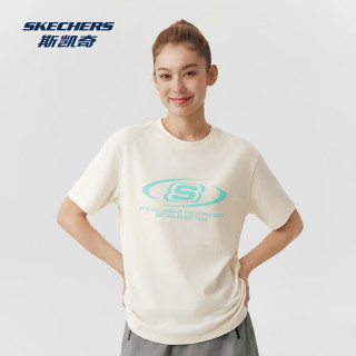 斯凯奇 短袖男女同款2026春季新款休闲T恤百搭运动印花LOGO 棉花糖白 L