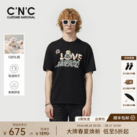 C'N'C CNC绣花玩偶3D立体个性印花短袖T恤26春夏奢侈品上衣男 黑色 50 /M/(175/92A)