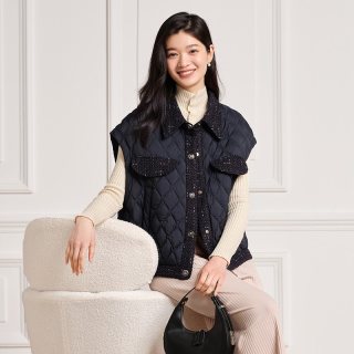 坦博尔 奥莱官方正品小香风羽绒马甲女短款轻薄无袖拼接翻领外套潮