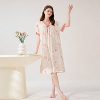芬腾 柔软新疆棉夏季V领短袖碎花印花睡裙外穿高级感中长裙甜美