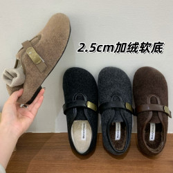 加厚底毛呢毛毛鞋女外穿秋冬季加绒棉鞋平软底保暖玛丽珍女豆豆鞋
