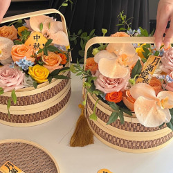 东方家 中秋节月饼花篮端午节粽子插花双层竹篮